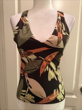 BCBG MaxAzria Bold Leaf Print V-Neck Halter Top -Suede Neck Ties -Sml NWOT